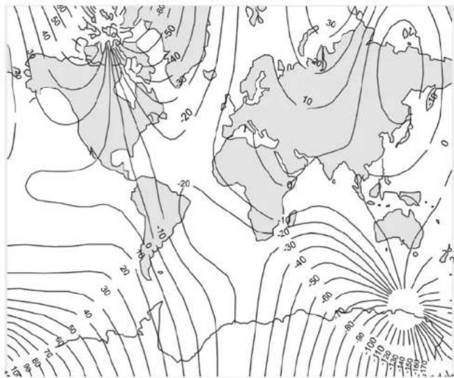 Topographic map with contour lines and labeled regions, showing global climate zones and elevation contours