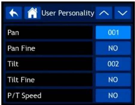 User Personality Pan 001 Pan Fine NO Tilt 002 Tilt Fine NO P/T Speed NO