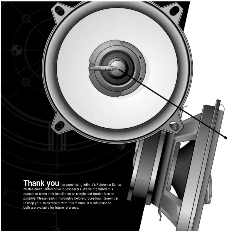 Thank you for purchasing Infinity's Reference Series multi-element automotive loudspeakers. We've organized this manual to make their installation as simple and trouble-free as possible. Please read it thoroughly before proceeding. Remember to keep your sales receipt with this manual in a safe place so both are available for future reference.
