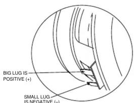 BIG LUG IS POSITIVE (+) SMALL LUG IS NEGATIVE (-)