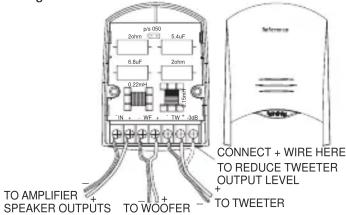 IN 100 2mm 100 5.6μF 6.6μF 2mm 120μF 180μF 100μF TO AMPLIFIER SPEAKER OUTPUTS TO WOOFER CONNECT + WIRE HERE TO REDUCE TWEETER OUTPUT LEVEL TO TWEETER