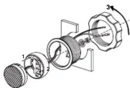 Technical diagram of a mechanical assembly with numbered components and directional arrows indicating motion or flow.