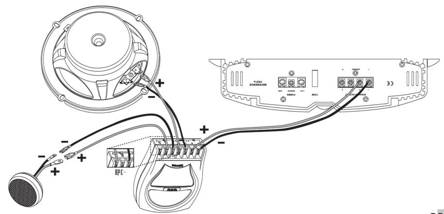 Technical diagram showing audio component connections with labeled ports and power supply labels