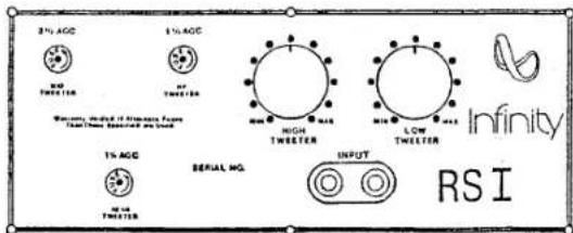 3% AGC 800 TWEETER 1% AGC HY TWEETER Wavelength, Leveled 10 MHz Peaks Forma Time/Time Spotted or Closed HIGH TWEETER MIN MAX MIN MAX LOW TWEETER Infinity 1% AGC 900 TWEETER SERIAL NO. INPUT RSI