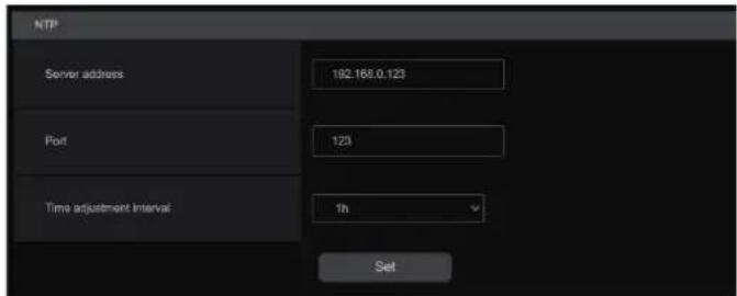 NTP Server address 192.168.0.123 Port 123 Time adjustment Interval 1h Set