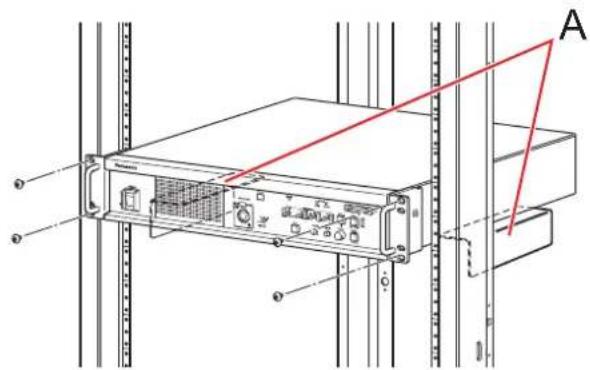 Technical diagram of a server rack with labeled components and a red arrow pointing to component A