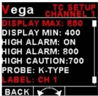 Vega TC SETUP CHANNEL 1 DISPLAY MAX: 850 DISPLAY MIN: 400 HIGH ALARM: ON HIGH ALARM: 800 HIGH CAUTION:700 PROBE: K-TYPE LABEL: CH 1 BACK