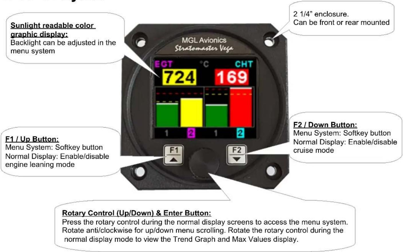 Sunlight readable color graphic display: Backlight can be adjusted in the menu system 2 1/4" enclosure. Can be front or rear mounted MGL Avionics Stralomaster Vega ECT °C CHT 724 169 F1 / Up Button: Menu System: Softkey button Normal Display: Enable/disable engine leaning mode F2 / Down Button: Menu System: Softkey button Normal Display: Enable/disable cruise mode F1 F2 Rotary Control (Up/Down) & Enter Button: Press the rotary control during the normal display screens to access the menu system. Rotate anti/clockwise for up/down menu scrolling. Rotate the rotary control during the normal display mode to view the Trend Graph and Max Values display.