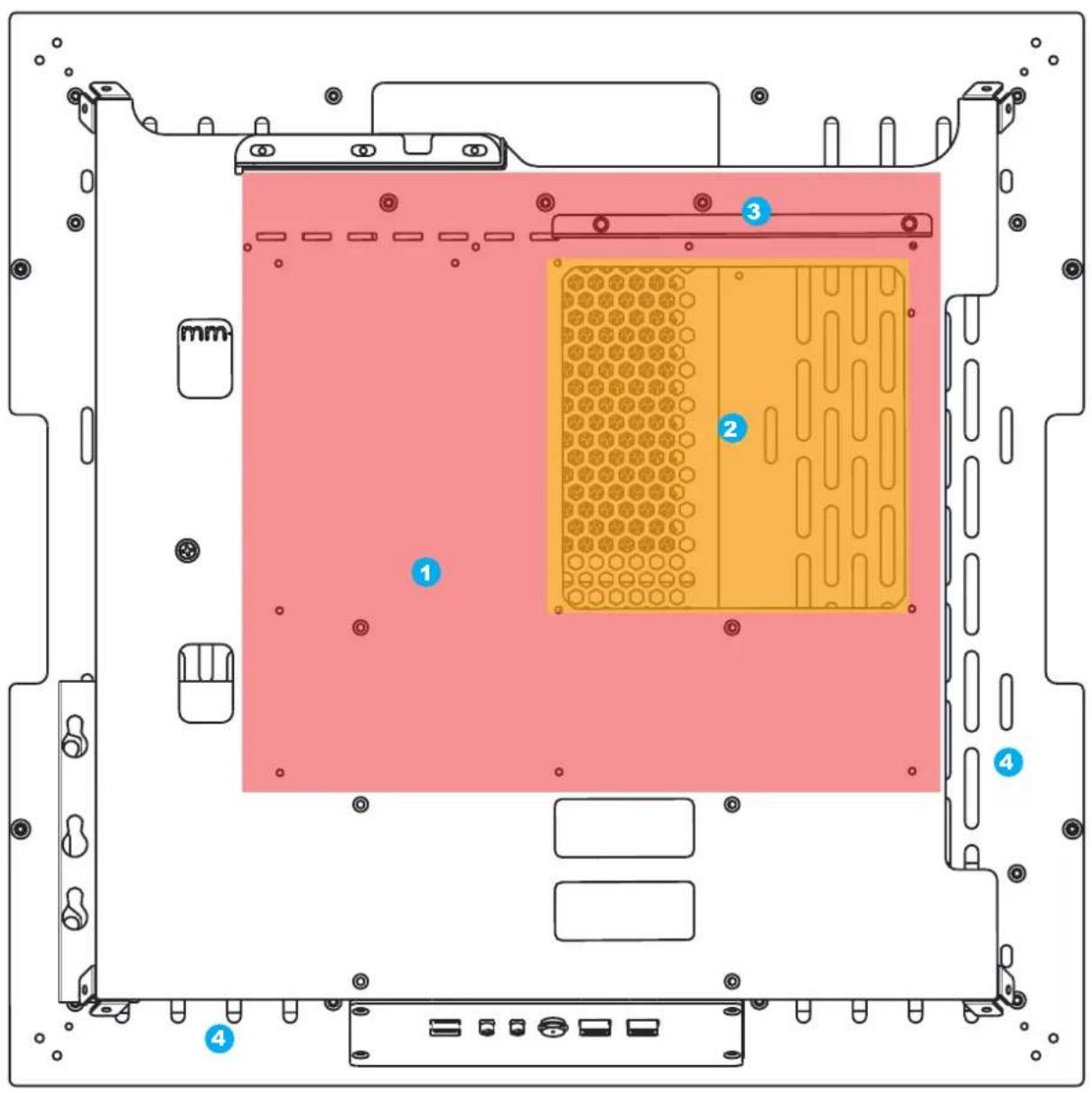 Diagram of a computer motherboard layout with numbered components and highlighted areas