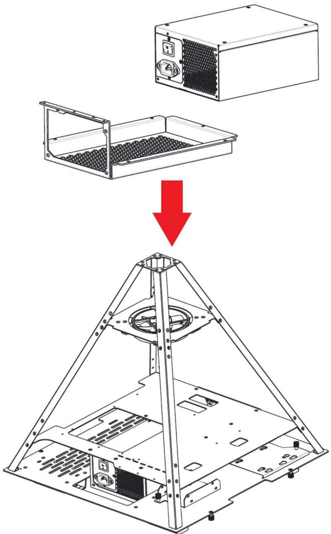 Technical diagram showing assembly of a computer tower frame with an inset image of a server unit and a red downward arrow indicating process.