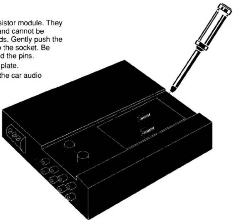 sistor module. They and cannot be ds. Gently push the to the socket. Be d the pins. plate. the car audio