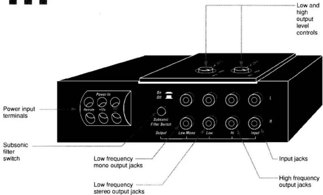 Low and high output level controls Power input terminals Power In Remote +10V Subsonic Filter Switch On Off Subsonic Filter Switch Output Low Mono Low Hi Input R Input jacks Subsonic filter switch Low frequency mono output jacks High frequency output jacks Low frequency stereo output jacks