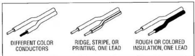 DIFFERENT COLOR CONDUCTORS RIDGE, STRIPE, OR PRINTING, ONE LEAD ROUGH OR COLORED INSULATION, ONE LEAD