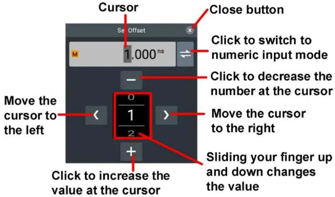 Cursor Close button Click to switch to numeric input mode Click to decrease the number at the cursor Move the cursor to the left Move the cursor to the right Click to increase the value at the cursor Sliding your finger up and down changes the value