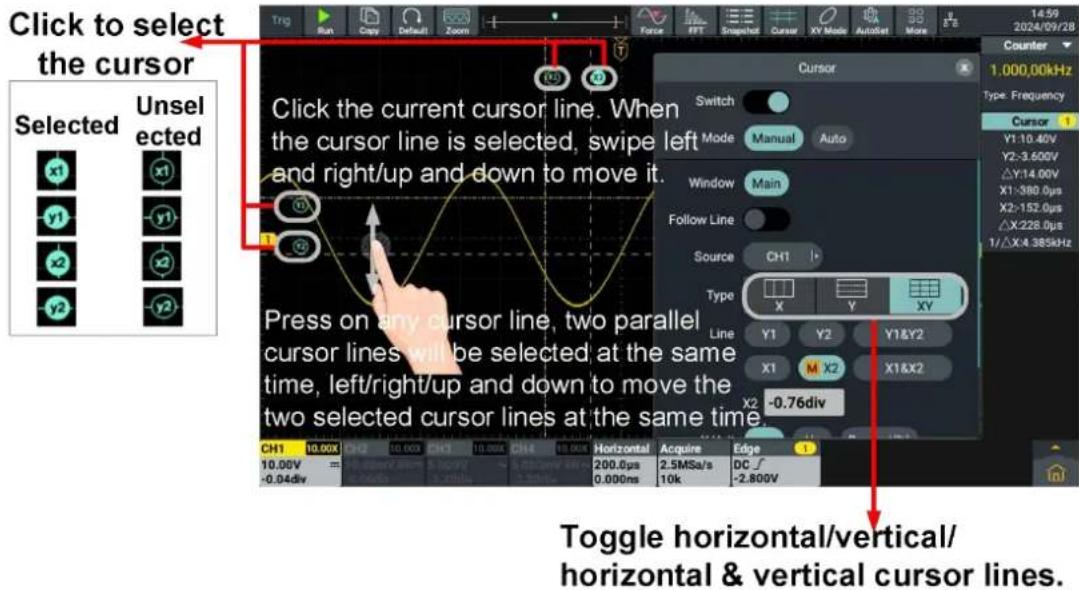 Click to select the cursor Selected Unselected Click the current cursor line. When the cursor line is selected, swipe left and right/up and down to move it. Press on any cursor line, two parallel cursor lines will be selected at the same time, left/right/up and down to move the two selected cursor lines at the same time. Toggle horizontal/vertical/horizontal & vertical cursor lines.