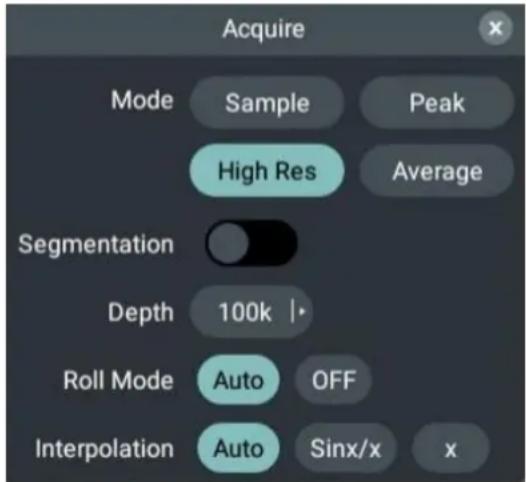 Acquire Mode Sample Peak High Res Average Segmentation Depth 100k | Roll Mode Auto OFF Interpolation Auto Sinx/x x