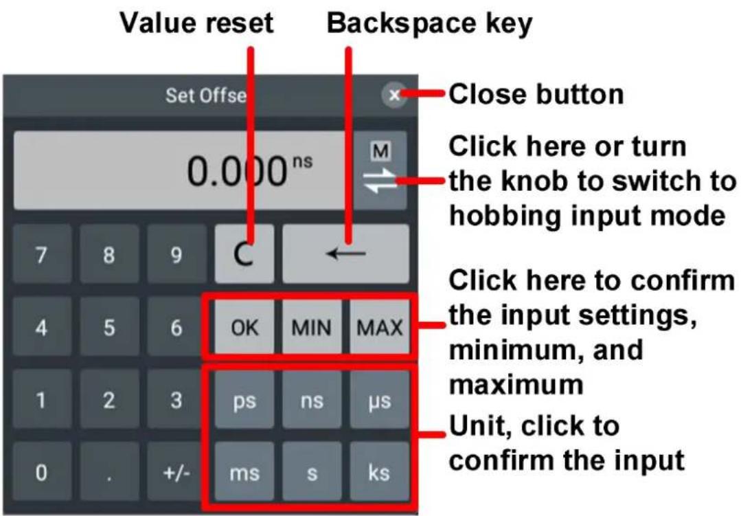 Value reset Backspace key Set Offse 0.000 ns Close button Click here or turn the knob to switch to hobbing input mode OK MIN MAX Click here to confirm the input settings, minimum, and maximum ps ns μs Unit, click to confirm the input ms s ks