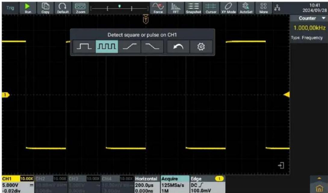 Trig Run Copy Default Zoom Force FFT Snapshot Cursor XY Mode AutoSet More Counter 1.000,00kHz Type: Frequency Detect square or pulse on CH1 CH1 10.00X CH2 10.00X CH3 10.00X CH4 10.00X Horizontal Acquire Edge 5.000V = 10.00mV 5.00V 10.00mV 200.0μs 125MSa/s DC √ -0.02div 0.00ns 0.90ms 3.60ms 0.00ns 1M 100.0mV