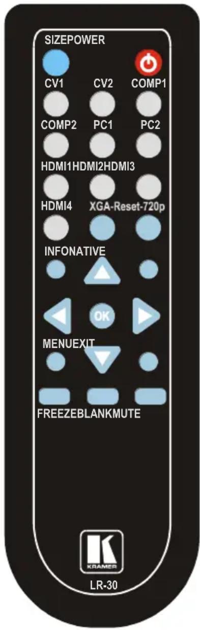 SIZEPOWER CV1 CV2 COMP1 COMP2 PC1 PC2 HDMI1HDMI2HDMI3 HDMI4 XGA-Reset-720p INFONATIVE OK MENUEXIT FREEZEBLANKMUTE LR-30
