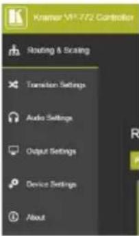 Kramer V8.772 Controller Routing & Scaling Token Settings Audio Settings Output Settings Device Settings About