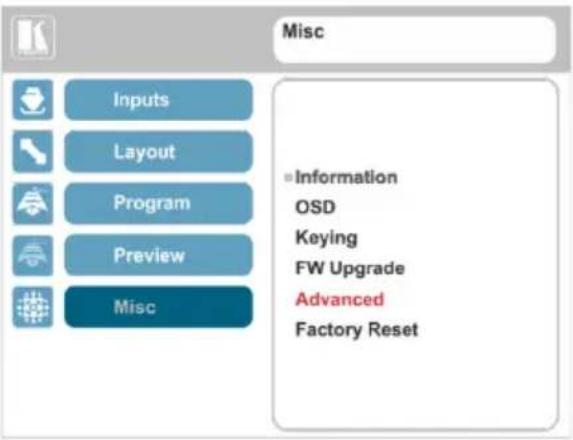 Misc Inputs Layout Program Preview Misc Information OSD Keying FW Upgrade Advanced Factory Reset