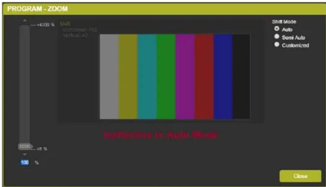 PROGRAM - ZOOM +4000 % Shift Horizontal: 192 Vertical: 42 Shift Mode ● Auto ● Semi Auto ● Customized Ineffective In Auto Mode Close