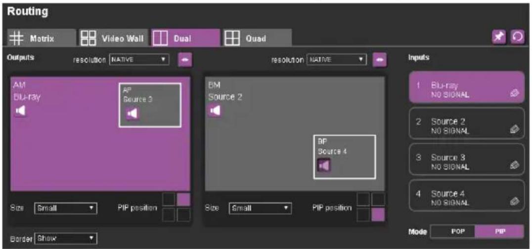 Routing Matrix Video Wall Dual Quad Outputs resolution NATIVE AM Blu-ray AP Source 3 Size Small PIP position Border Show resolution NATIVE BM Source 2 BP Source 4 Size Small PIP position Inputs 1 Blu-ray NO SIGNAL 2 Source 2 NO SIGNAL 3 Source 3 NO SIGNAL 4 Source 4 NO SIGNAL Mode POP PIP