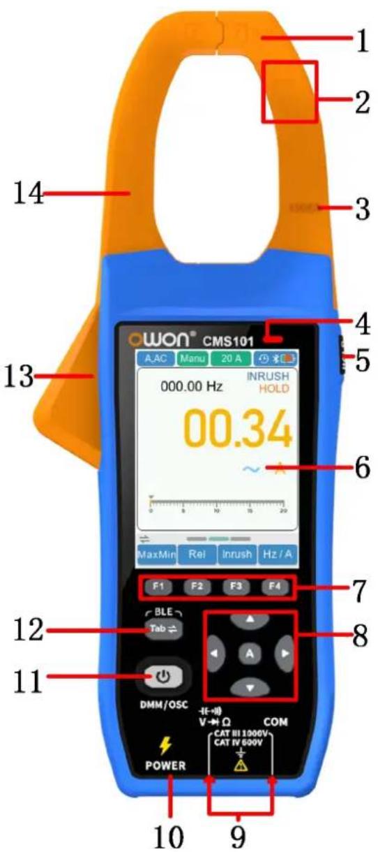 1 2 3 4 5 6 7 8 9 10 11 12 13 14 OWON® CMS101 A.AC Manu 20 A INRUSH 000.00 Hz HOLD 00.34 ~ MaxMin Rel Inrush Hz / A F1 F2 F3 F4 BLE Tab DMM/OSC COM V→Ω CAT III 1000V CAT IV 600V POWER