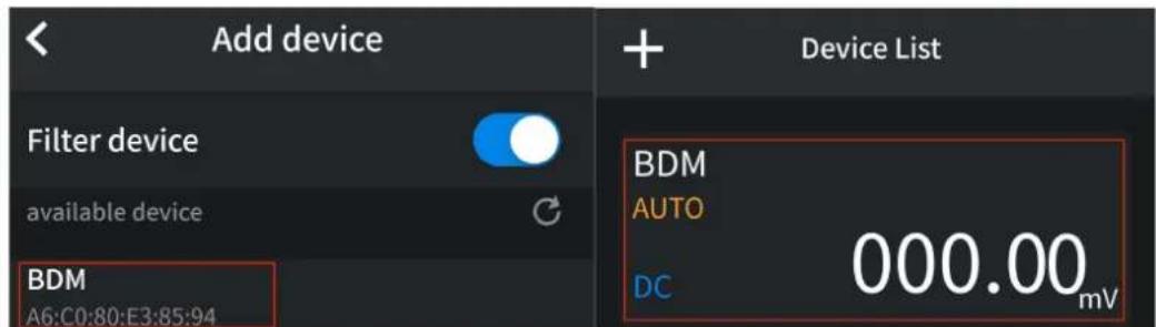 Add device Filter device available device BDM A6:C0:80:E3:85:94 Device List BDM AUTO DC 000.00 mV