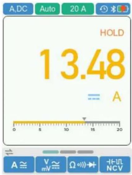 A,DC Auto 20 A HOLD 13.48 A 0 5 10 15 20 A ≈ V mV ≈ Ω → NCV