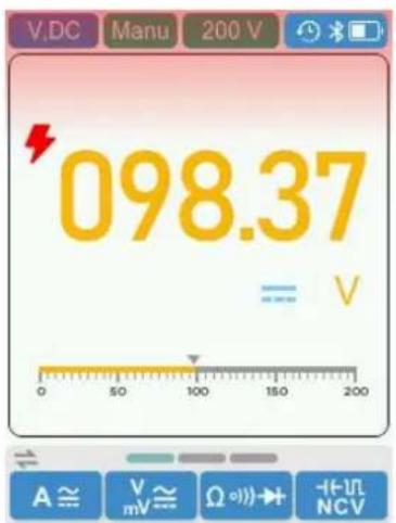 V.DC Manu 200 V 098.37 = V 0 50 100 150 200 A ≅ V ≅ Ω → + H NCV