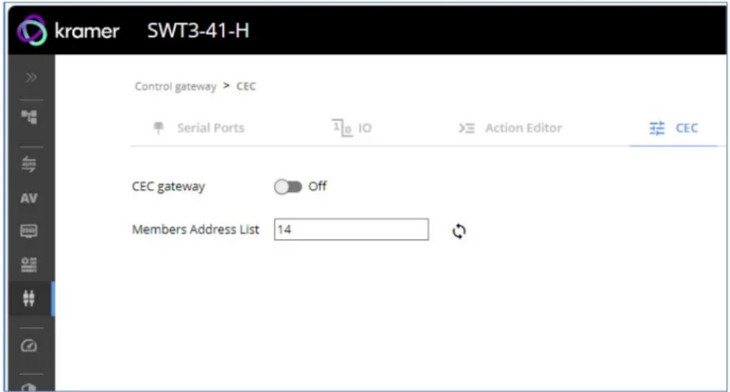 kramer SWT3-41-H Control gateway > CEC Serial Ports 10 IO > Action Editor CEC CEC gateway Off Members Address List 14