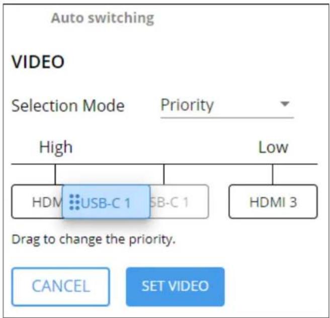 Auto switching VIDEO Selection Mode Priority High Low HDM USB-C 1 USB-C 1 HDMI 3 Drag to change the priority. CANCEL SET VIDEO