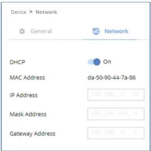 Device > Network General Network DHCP On MAC Address da-50-90-44-7a-86 IP Address 192.158.1.49 Mask Address 255.255.255.0 Gateway Address 192.158.0.1