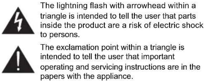 The lightning flash with arrowhead within a triangle is intended to tell the user that parts inside the product are a risk of electric shock to persons. The exclamation point within a triangle is intended to tell the user that important operating and servicing instructions are in the papers with the appliance.