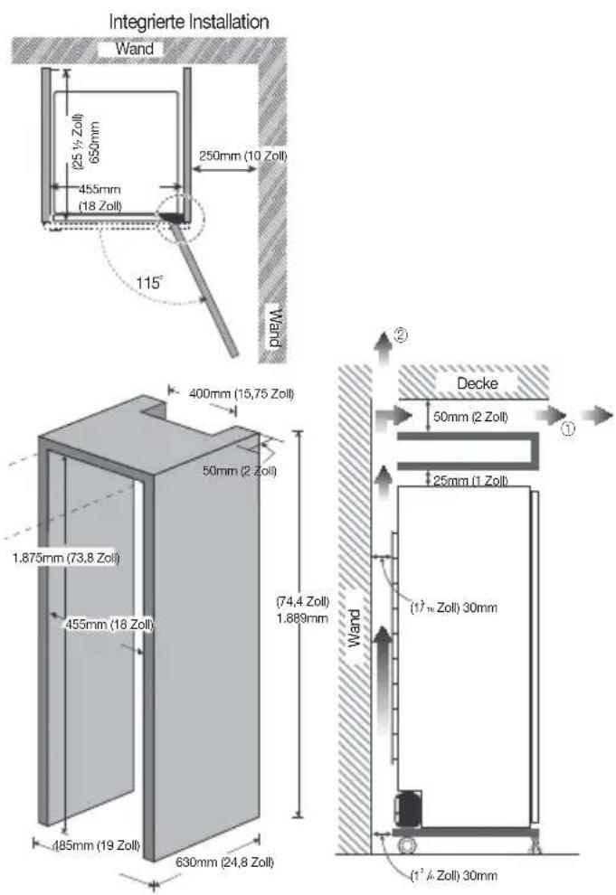 Integrierte Installation Wand (25 1/2 Zoll) 650mm 455mm (18 Zoll) 250mm (10 Zoll) 115° WAND 400mm (15,75 Zoll) 50mm (2 Zoll) 1.875mm (73,8 Zoll) 455mm (18 Zoll) (74,4 Zoll) 1.889mm 485mm (19 Zoll) 630mm (24,8 Zoll) Decke 50mm (2 Zoll) 25mm (1 Zoll) (1³ 1/2 Zoll) 30mm (1³ 1/2 Zoll) 30mm