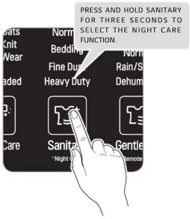 PRESS AND HOLD SANITARY FOR THREE SECONDS TO SELECT THE NIGHT CARE FUNCTION. Norm Bedding Fine Dust Heavy Duty Norm Rain/S Dehum Sanitary *Night Care Gentle Remote