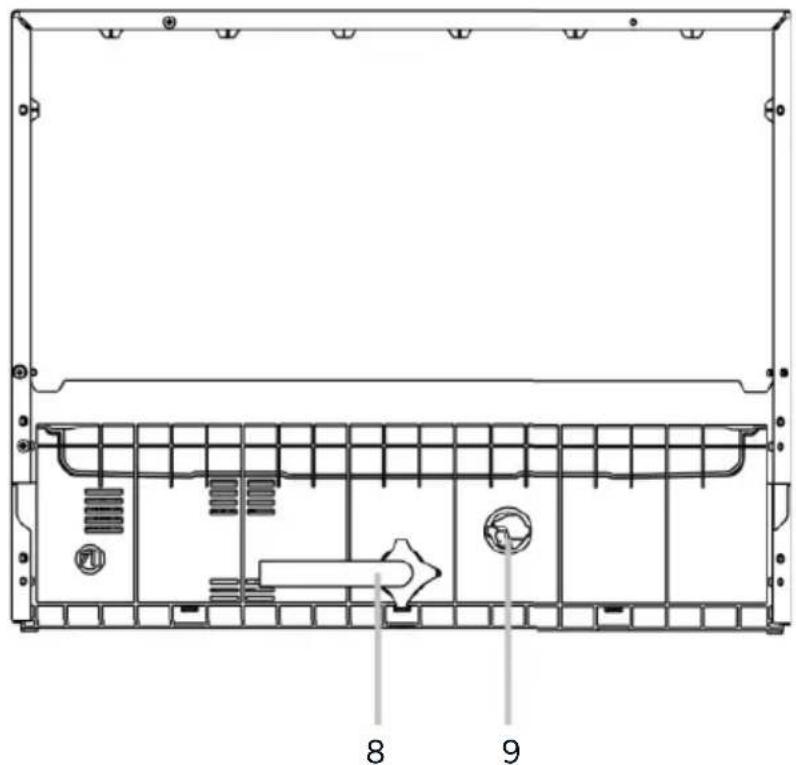 Technical diagram of a device enclosure with labeled components and directional arrows indicating flow or movement.