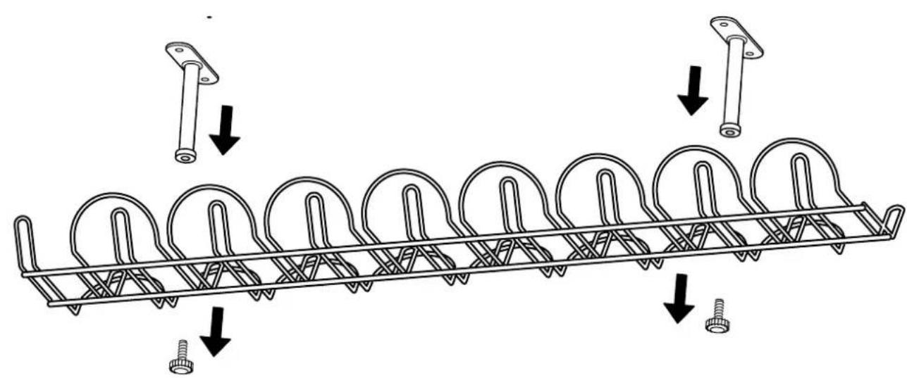 Technical diagram showing mechanical assembly with labeled parts and directional arrows indicating assembly steps
