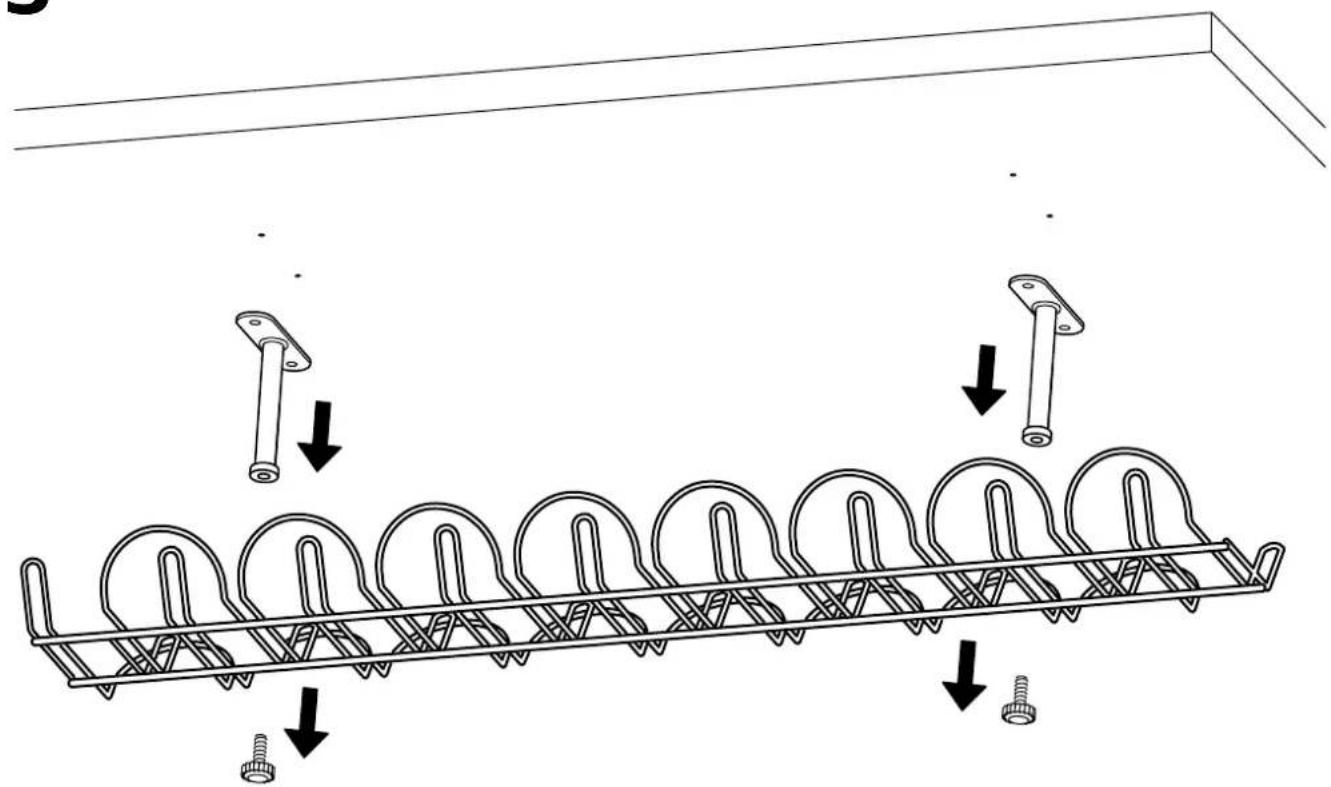 Technical diagram showing installation of a multi-ring cable rack with mounting screws and downward arrows indicating assembly steps.