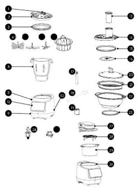 Exploded view diagram of kitchen appliance parts with numbered labels for identification