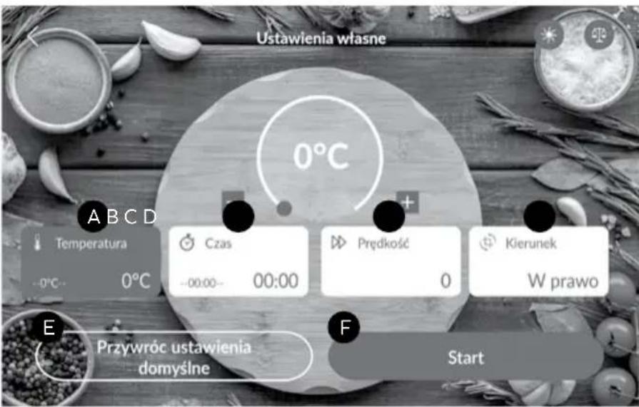 Ustawienia własne 0°C A B C D Temperatura -0°C 0°C Czas -00:00- 00:00 Prędkość 0 Kierunek W prawo E Przywró ustawienia domyślne F Start