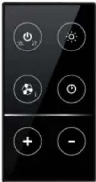 Black remote control panel with eight function buttons including power, sun, alarm, and plus/minus signs