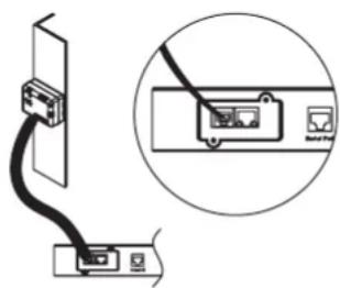 Diagram showing cable connection to a device with an inset close-up highlighting a device's cable and control panel.