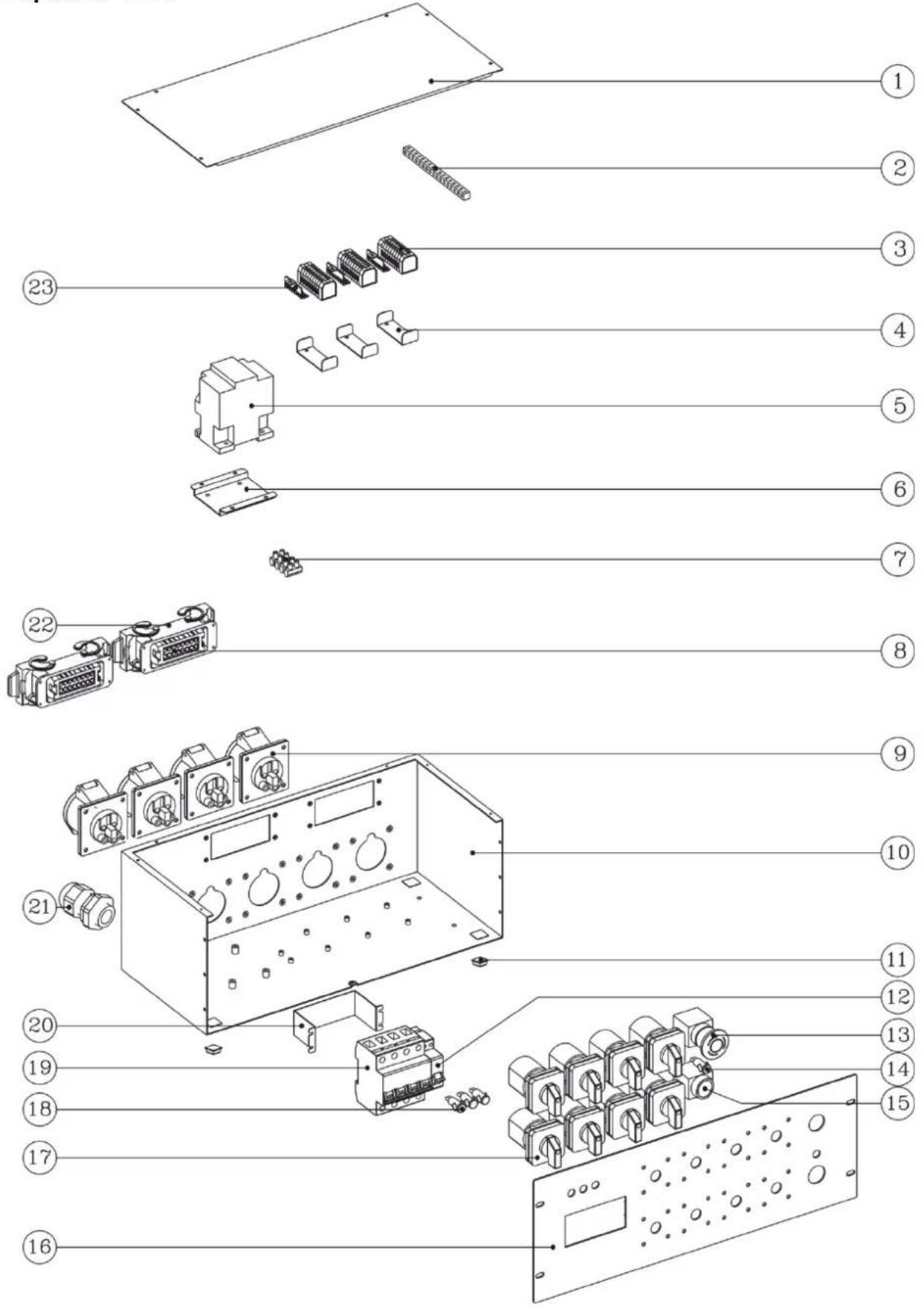 Exploded view diagram of an electronic device with numbered components for identification