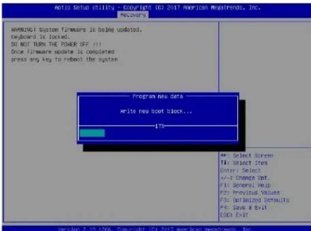 Notio Setup Utility - Copyright (C) 2017 American Megatrends, Inc. Recovery WARNING! System firmware is being updated. Keyboard is locked. DO NOT TURN THE POWER OFF !!! Once firmware update is completed press any key to reboot the system Program new data Write new boot block... 1% +: Select Screen T4: Select Item Enter: Select +/-: Change Opt. F1: General Help F2: Previous Values F3: Optimized Defaults F4: Save & Exit ESC: Exit Version 2.15.1366. Copyright (C) 2017 American Megatrends, Inc.