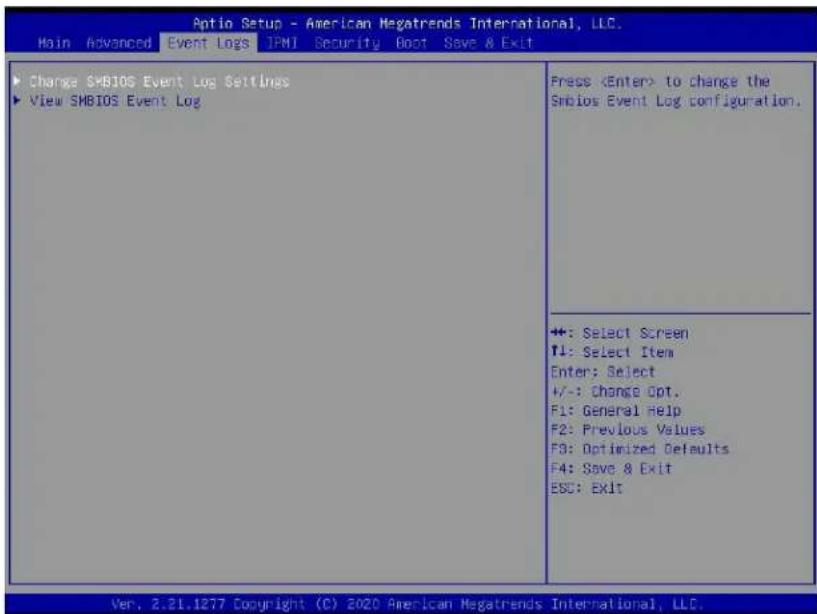 Antio Setup - American Megatrends International, LLC. Main Advanced Event Logs IPMI Security Boot Save & Exit ▶ Change SMBIOS Event Log Settings ▶ View SMBIOS Event Log Press to change the Smbios Event Log configuration. ++: Select Screen ↑↓: Select Item Enter: Select +/-: Change Opt. F1: General Help F2: Previous Values F3: Optimized Defaults F4: Save & Exit ESC: Exit Ver. 2.21.1277 Copyright (C) 2020 American Megatrends International, LLC.