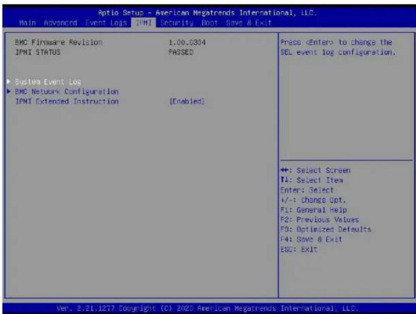Aptio Setup - American Megatrends International, LLC. Main Advanced Event Logs IPMI Security Boot Save & Exit EMC Firmware Revision 1.00.C804 IPMI STATUS PASSED System Event Log BMC Network Configuration IPMI Extended Instruction [Enabled] Press to change the SEL event log configuration. ++: Select Screen T1: Select Item Enter: Select +/-: Change Opt. F1: General Help F2: Previous Values F3: Optimized Defaults F4: Save & Exit ESC: Exit Ver. 2.21.1277 Copyright (C) 2020 American Megatrends International, LLC.