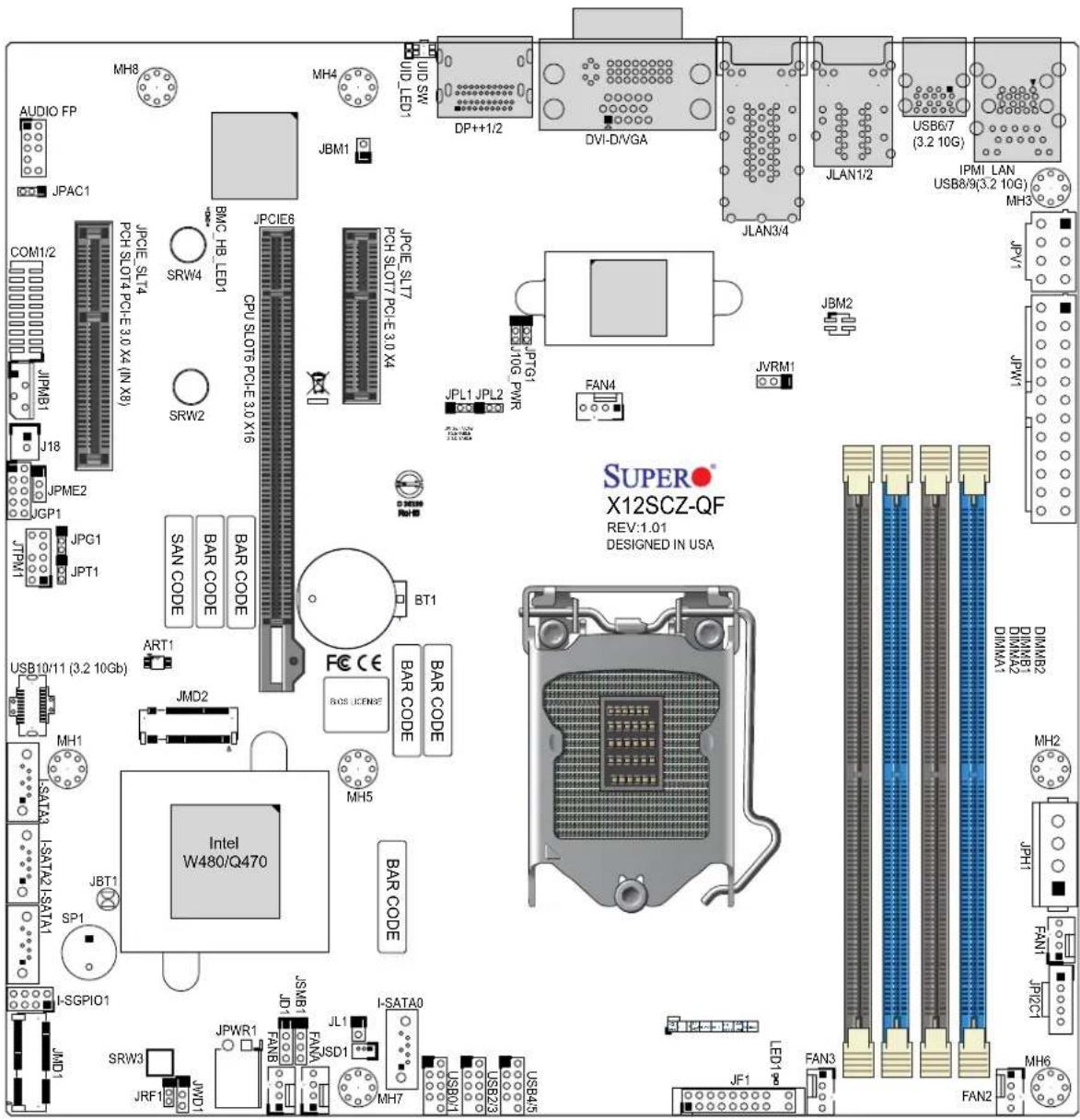 AUDIO FP JPAC1 COM1/2 JPMB1 J18 JPME2 JGP1 JPG1 JPT1 USB10/11 (3.2 10Gb) MH1 LSATA3 I-SATA2 I-SATA1 JBT1 SP1 I-SGPIO1 JMD1 SRW3 JRF1 JWD1 JPM2 JPCIE_SLT4 PCH_SLOT4 PCI-E 3.0 X4 (IN X8) SRW4 BMC_H8_LED1 CPU_SLOT6 PCI-E 3.0 X16 BAR CODE ART1 JMD2 Intel W480/Q470 JBPM1 JPCIE_SLT7 PCH_SLOT7 PCI-E 3.0 X4 SRW2 JPCIE_SLT7 JPCIE_SLT7 CPU_SLOT6 PCI-E 3.0 X4 BAR CODE BIT1 BOTG1 JPL2 PWR JPL1 JPL2 FAN4 JVRM1 JPM2 JPM1 USB6/7 (3.2 10G) IPMI LAN USB8/9(3.2 10G) DH/D-VGA JLAN1/2 JPM1 LAN USB8/9(3.2 10G) DH/D-VGA JPM1 LAN USB8/9(3.2 10G) DH/D-VGA JPM1 LAN USB8/9(3.2 10G) DH/D-VGA JPM1 LAN USB8/9(3.2 10G) DH/D-VGA JPM1 LAN USB8/9(3.2 10G) DH/D-VGA JPM1 LAN USB8/9(3,2 10G) DH/D-VGA JPM1 LAN USB8/9(3,2 10G) DH/D-VGA JPM1 LAN USB8/9(3,2 10G) DH/D-VGA JPM1 LAN USB8/9(3,2 10G) DH/D-VGA JPM1 LAN USB8/9(3,2 10G) DH/D-VGA SUPERX12SCZ-QF REV:1.01 DESIGNED IN USA