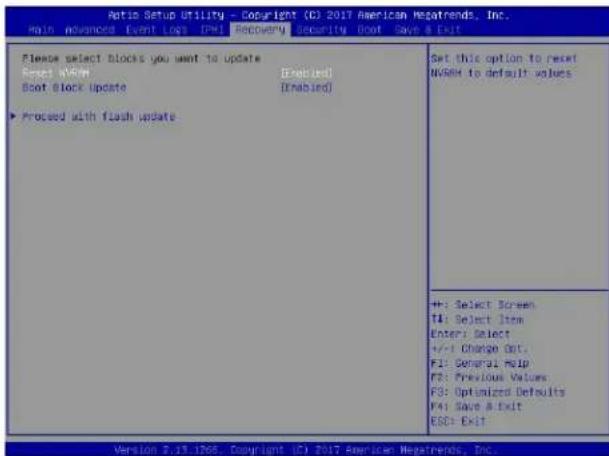 Aptin Setup Utility - Copyright (C) 2017 American Hegatrends, Inc. Main Advanced Event Logs (Mail) Recovery Security Boot Save & Exit Please select Blocks you want to update Reset: V869 Boot Block Update Enabled Enabled ► Proceed with flash update Set this option to reset V869 to default values H: Select Screen T4: Select Item Enter: Select +/- Change Out F1: General Help F3: Previous Values F5: Optimized Defaults F4: Save & Exit ESC: Exit Version 2.13.1706, Copyright (C) 2017 American Hegatrends, Inc.